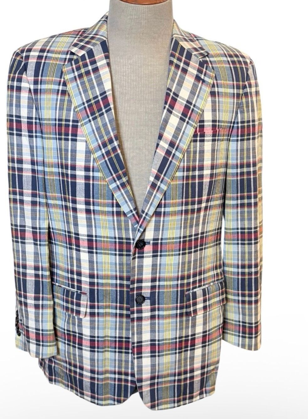 M. Goldberg Madras Plaid 2-Button Sport Coat Blazer 40R Travel Vacation Resort W